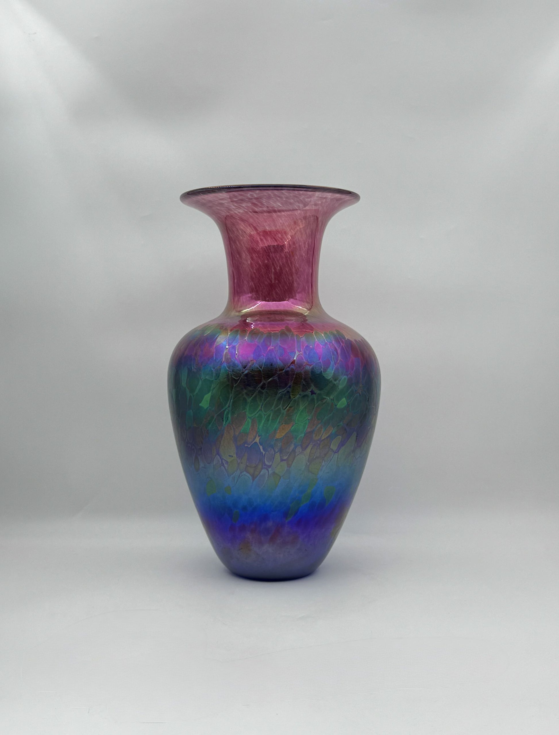 Robert Held Hand-Blown Iridescent Art Glass Vase – Blue, Green & Pink