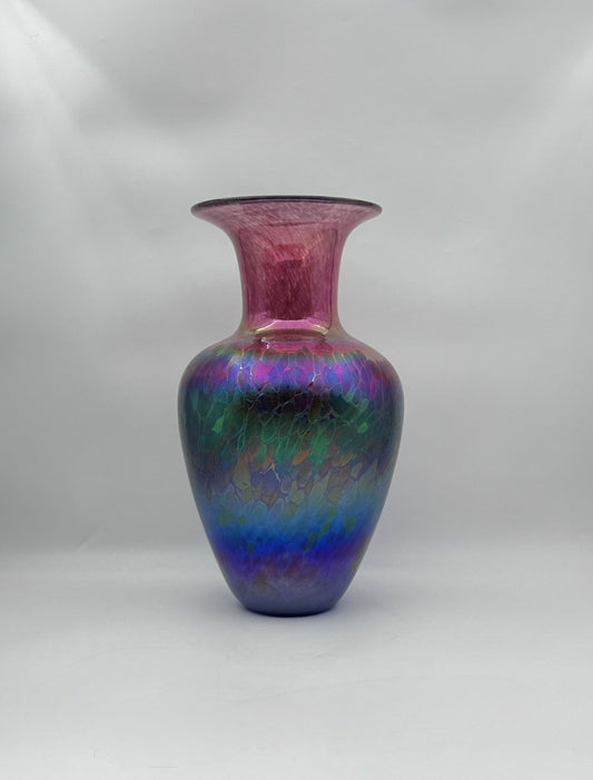 Robert Held Hand-Blown Iridescent Art Glass Vase – Blue, Green & Pink