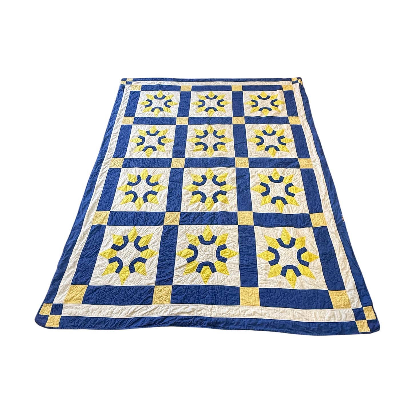 Vintage Blue And Yellow Star Block Quilt