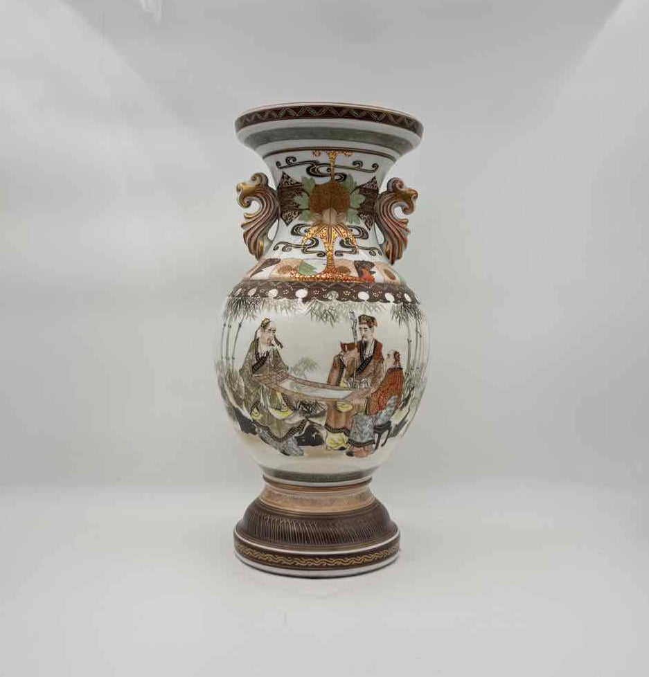 Vintage Chinese Porcelain Vase with Handles Brown Gold Bamboo Scene