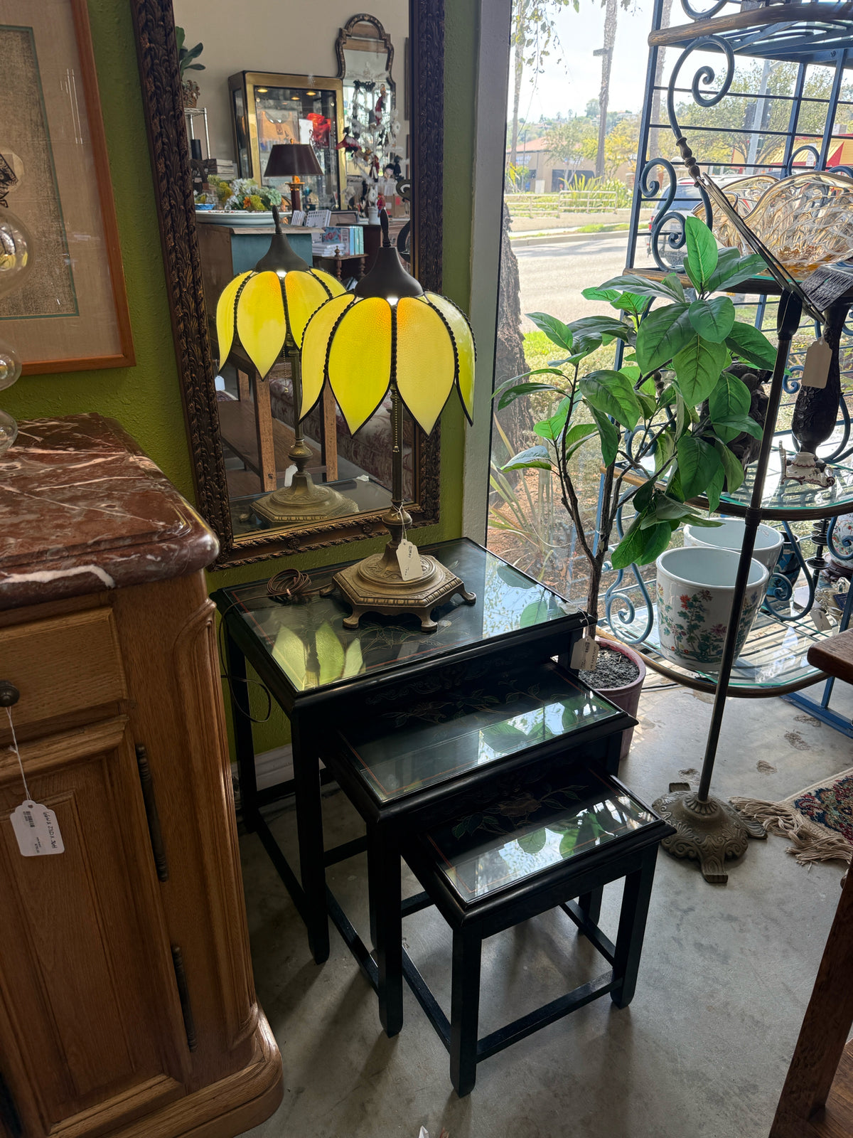 American Art Nouveau Green Opalescent Petal Lamp