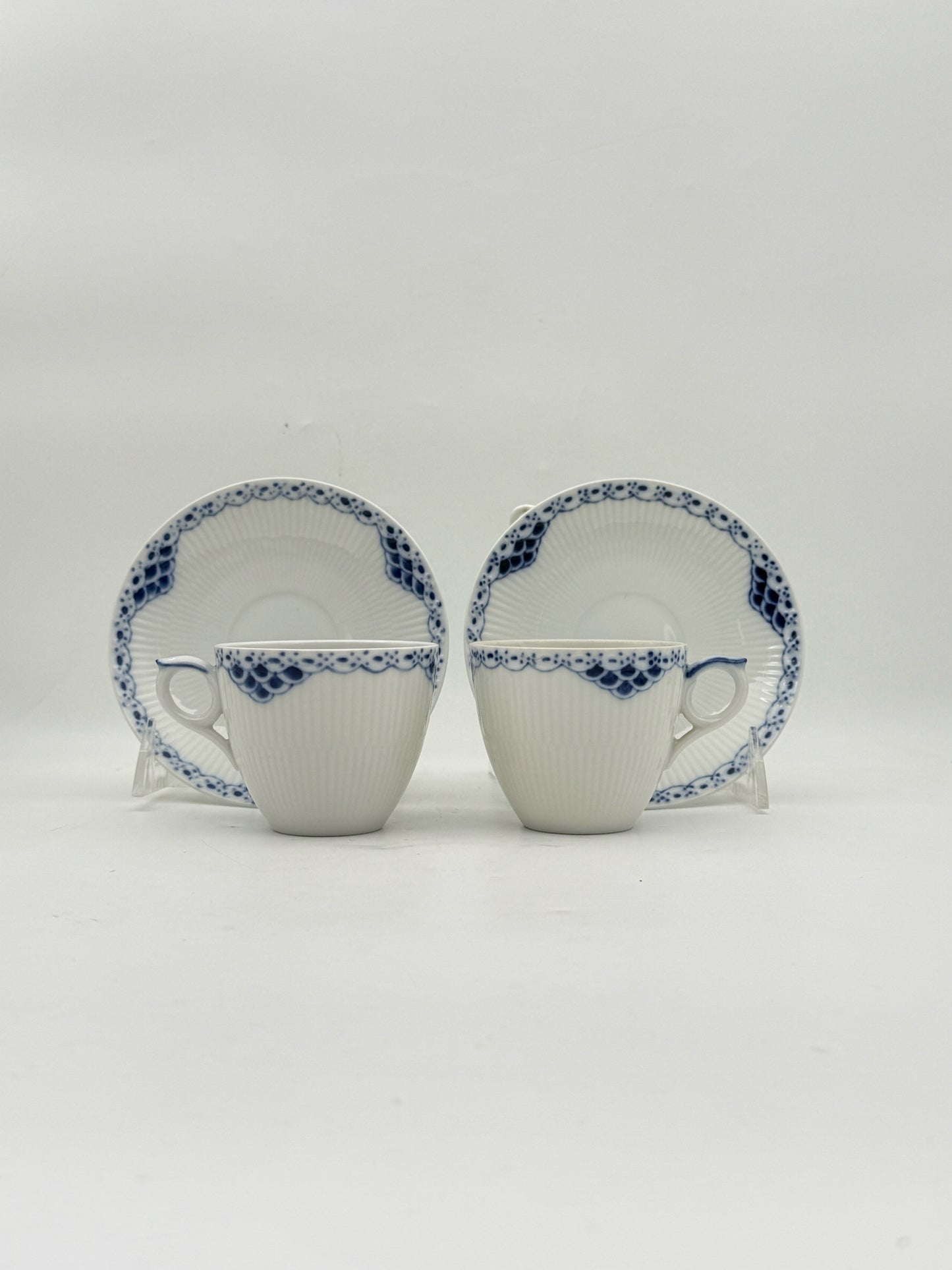 Royal Copenhagen Blue Fluted Half Lace Teacup And Saucer- Set Of 2