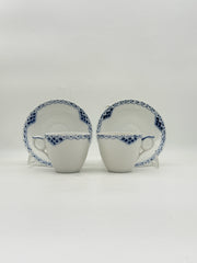 Royal Copenhagen Blue Fluted Half Lace Teacup And Saucer- Set Of 2