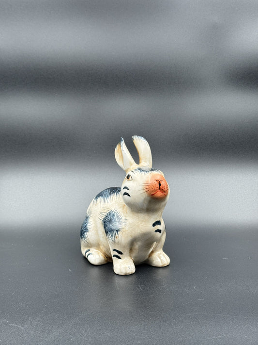 Small Staffordshire Rabbit Figurine – Blue and White Ceramic Bunny