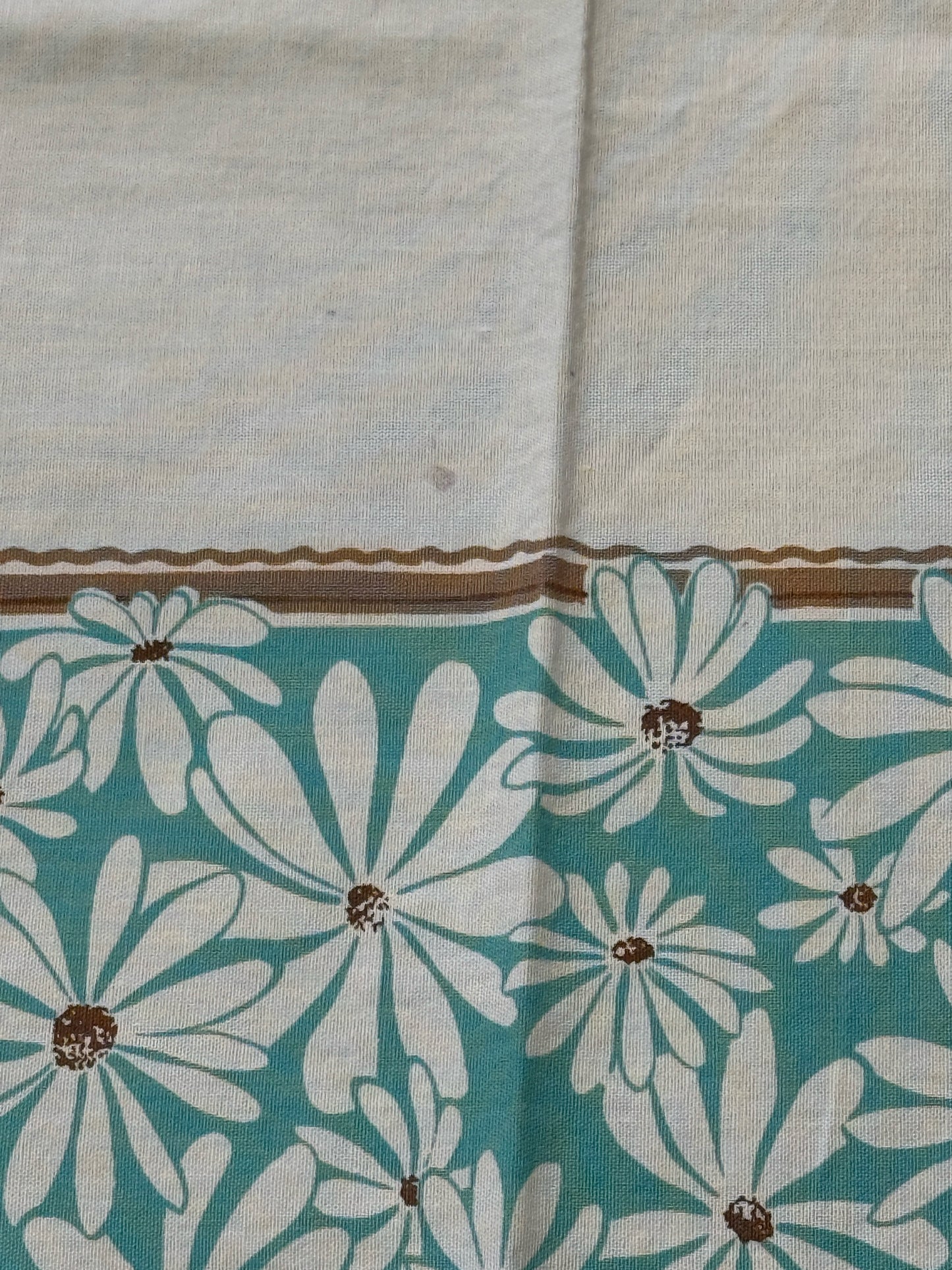 Mid Century Blue And Brown Daisy Border Tablecloth