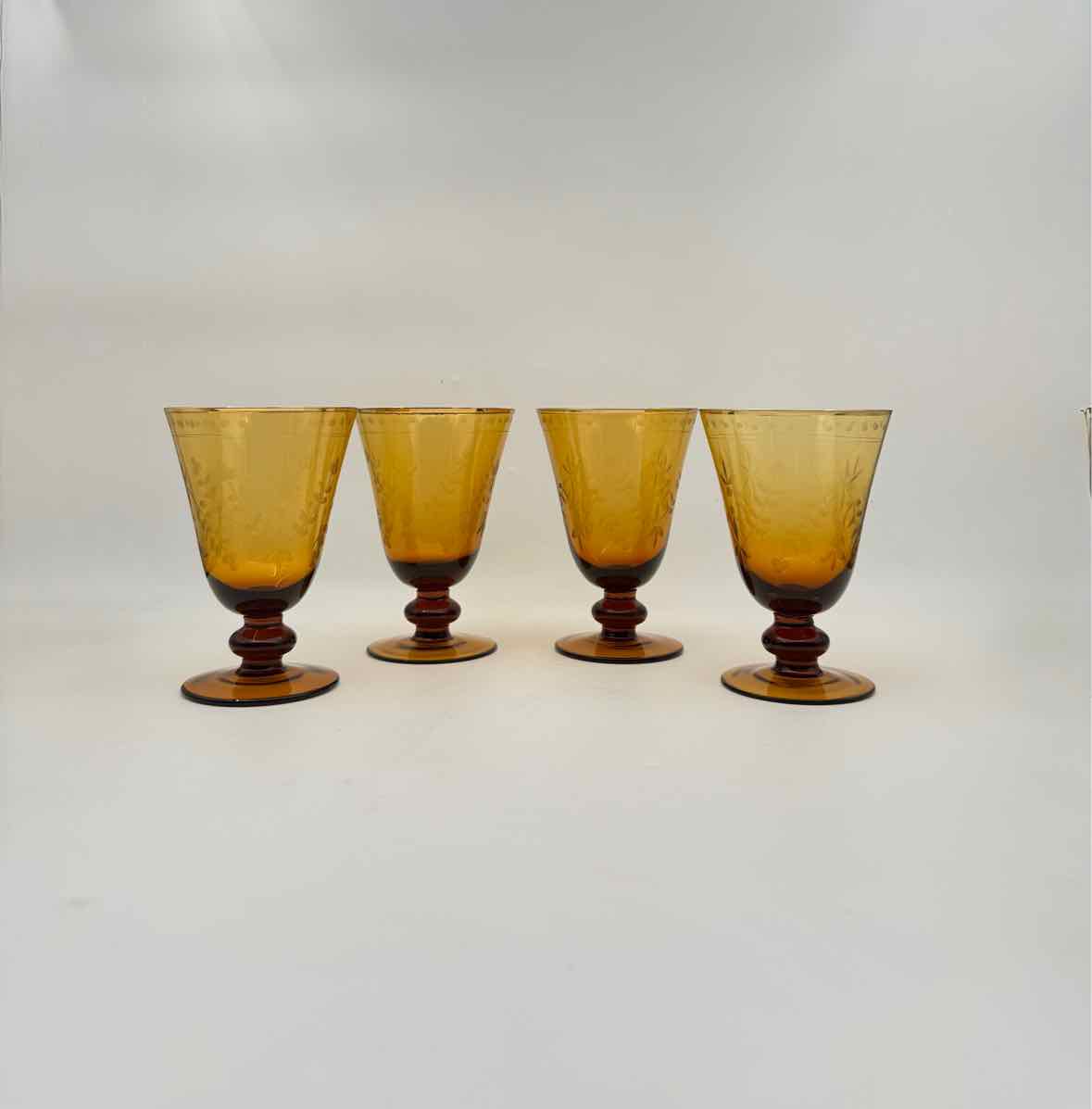 Set Of Eight Amber Etched Glass Aria Goblets