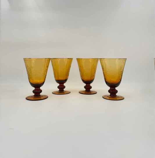 Set Of Eight Amber Etched Glass Aria Goblets