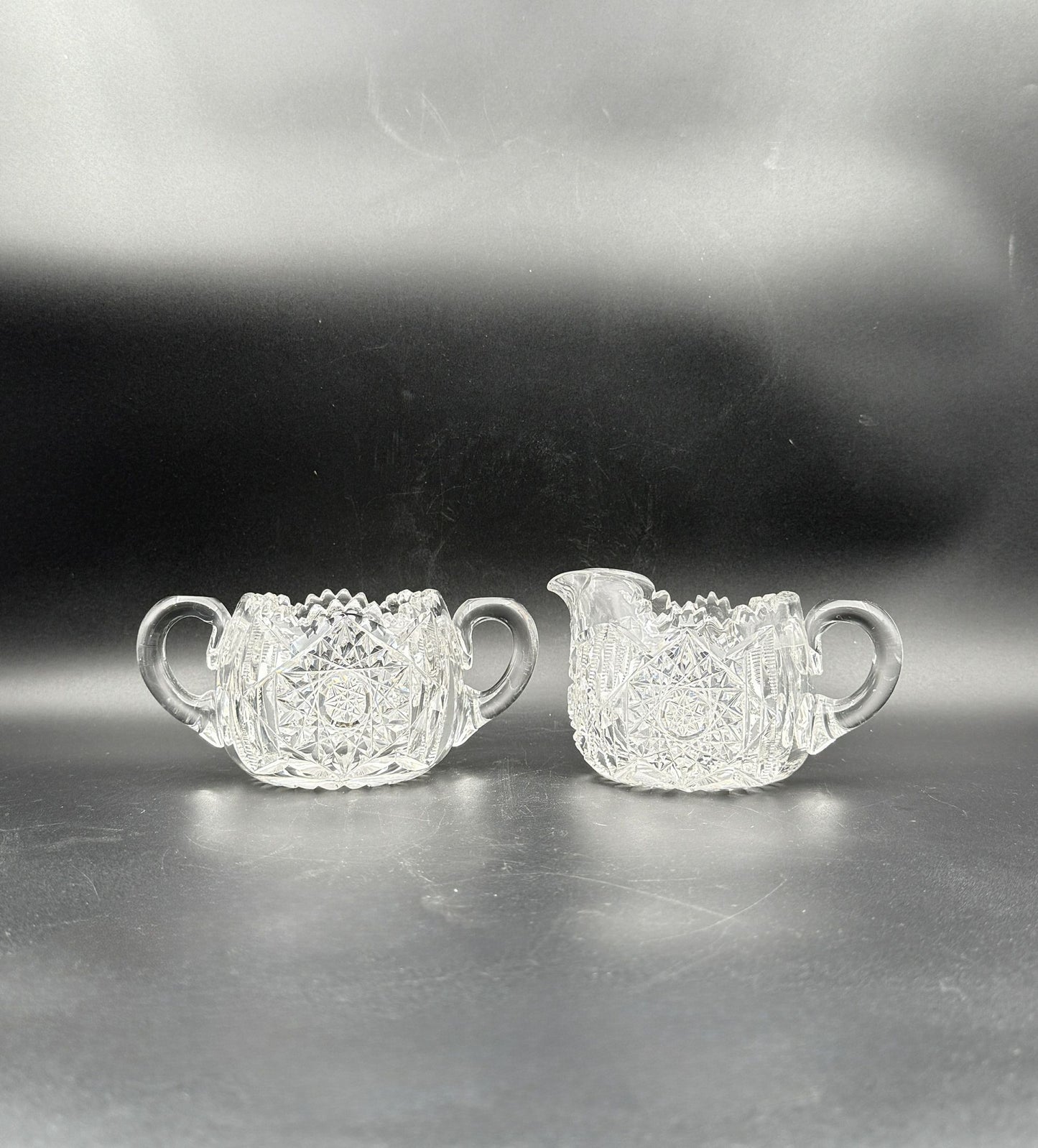 Cut Glass Creamer & Sugar Set – Brilliant Patterned Clear Glass