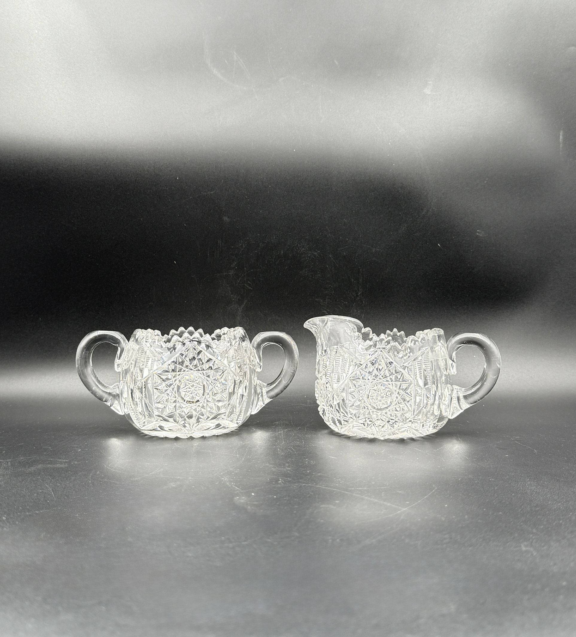 Cut Glass Creamer & Sugar Set – Brilliant Patterned Clear Glass