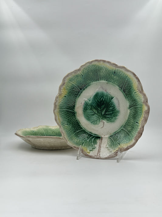Majolica Leaf Bowls – Pair of Green & Yellow Scalloped Edge Bowls