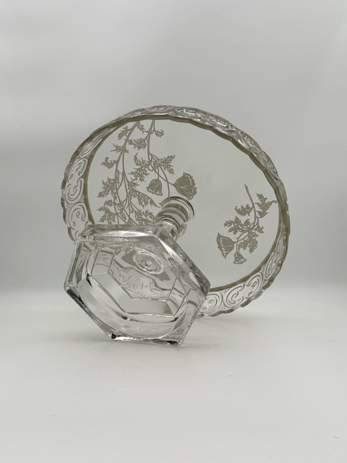 Vintage Glass Pedestal Cake Stand With Silver Poppies