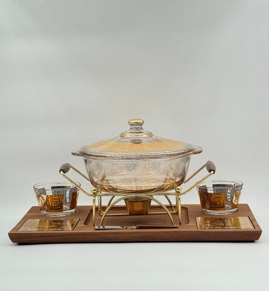 Mid-Century Fire-King Chafing Dish Set – Gold-Frosted Glass & Walnut Tray