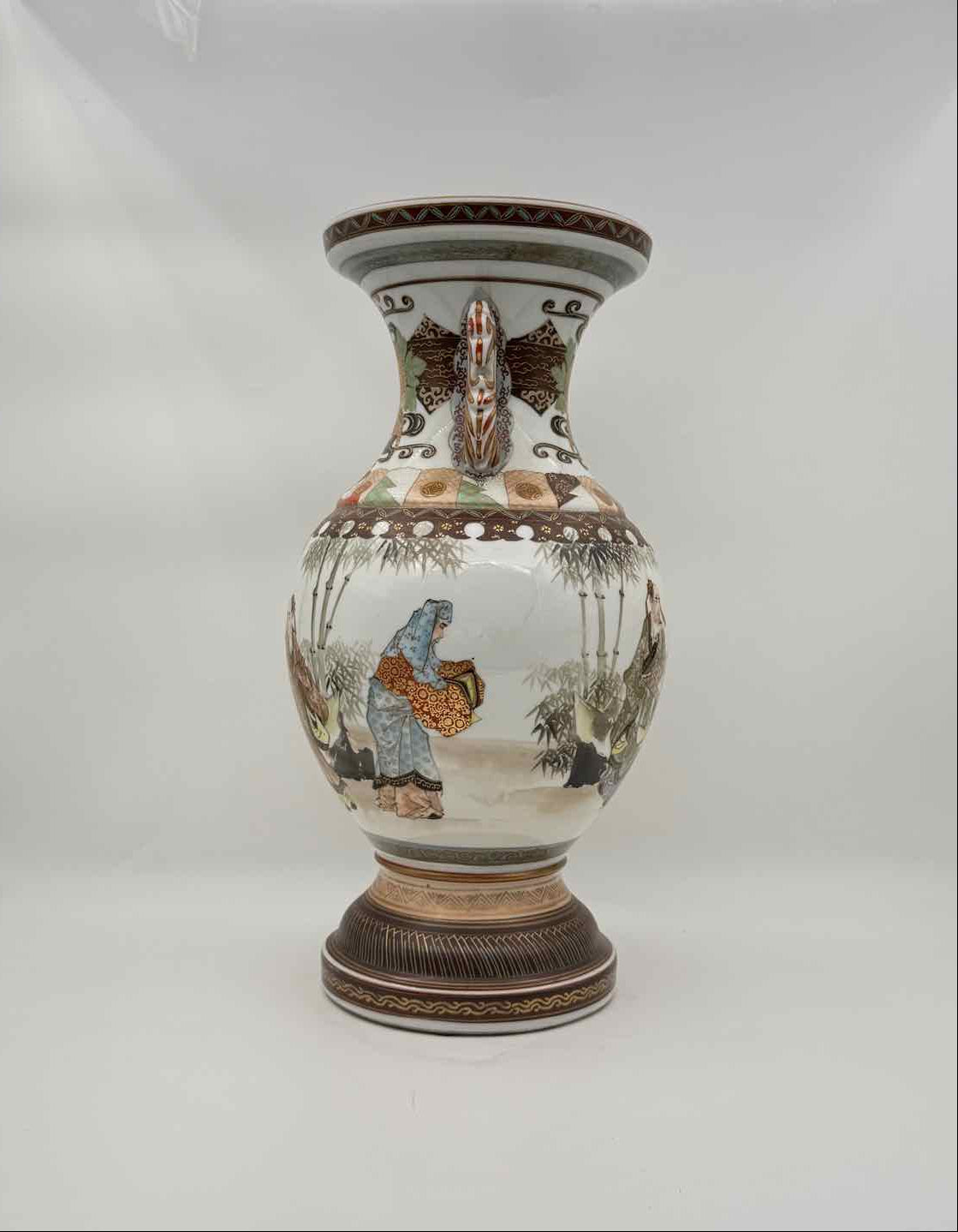Vintage Chinese Porcelain Vase with Handles Brown Gold Bamboo Scene