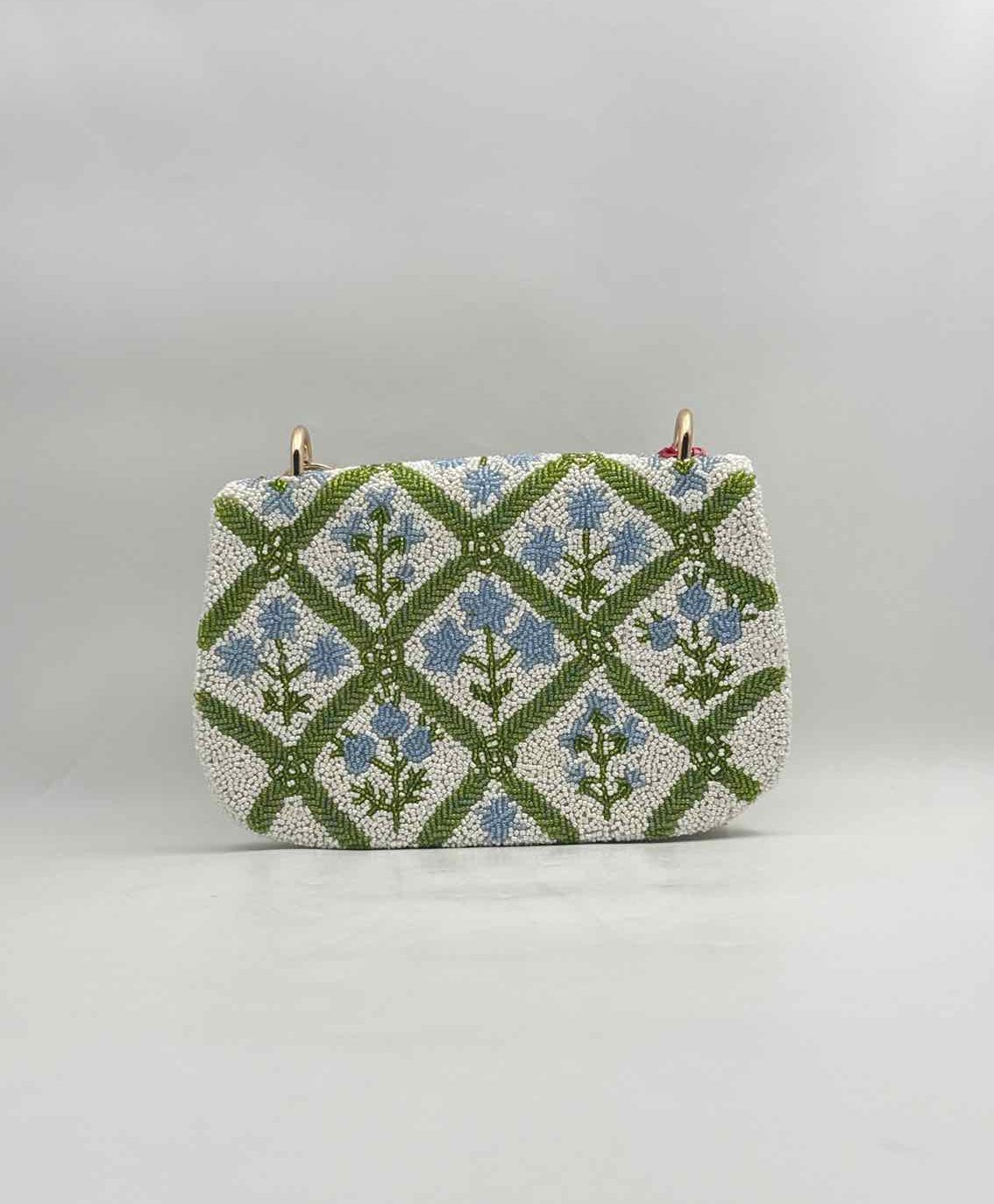 Hand Beaded Blue Floral Purse Handbag Bamboo Handle Evening Bag