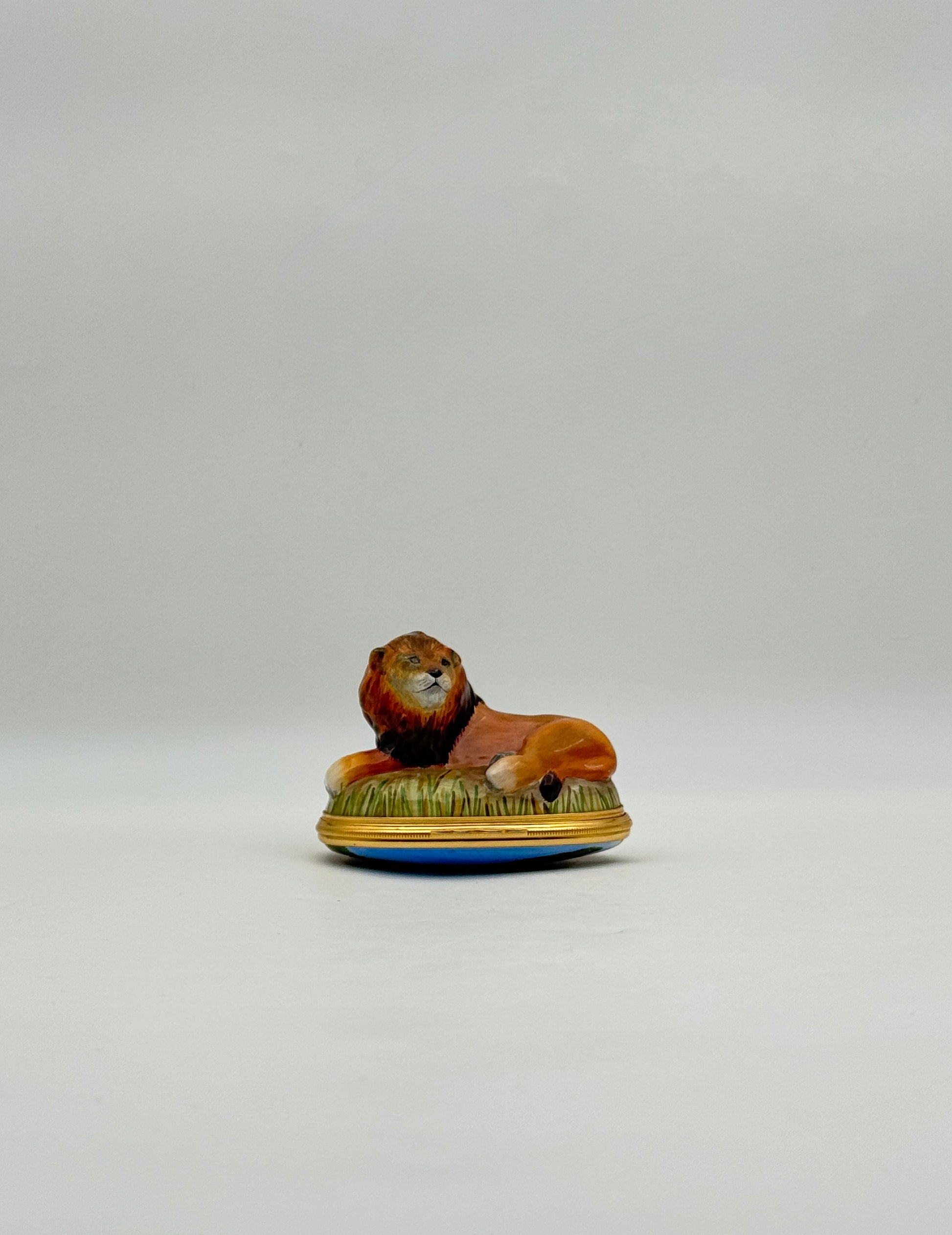 Halcyon Days Enamel Box with Resting Lion Figurine Collectible