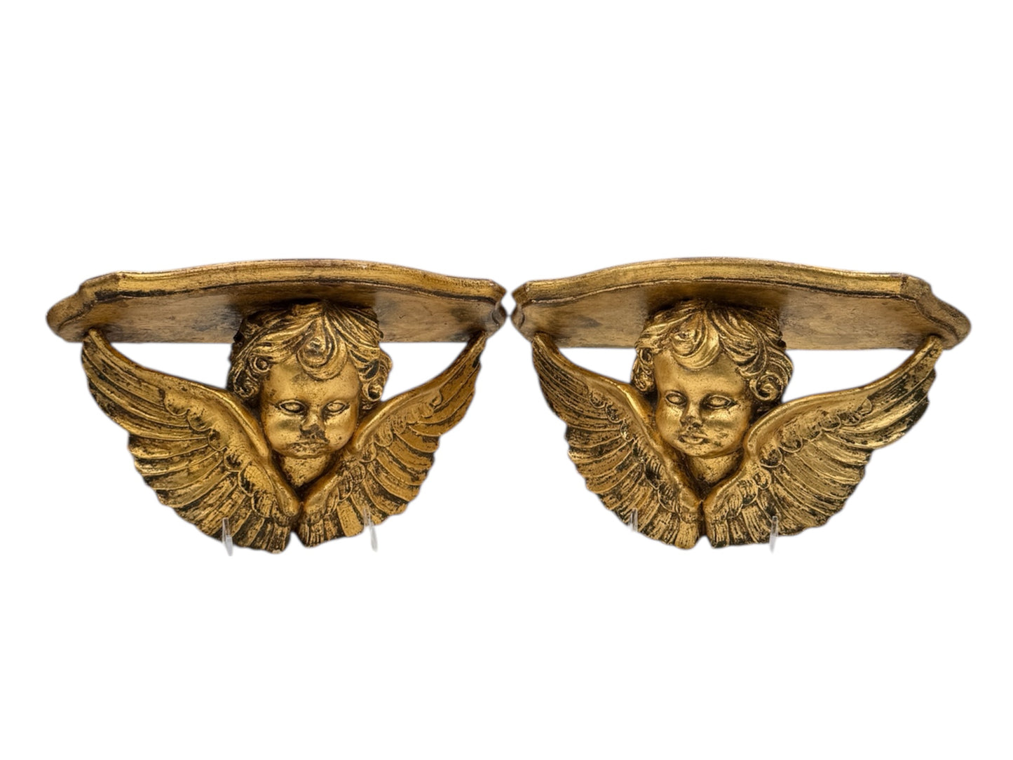 Pair Italian Giltwood Cherub Wall Brackets Baroque Carved Gold Shelf
