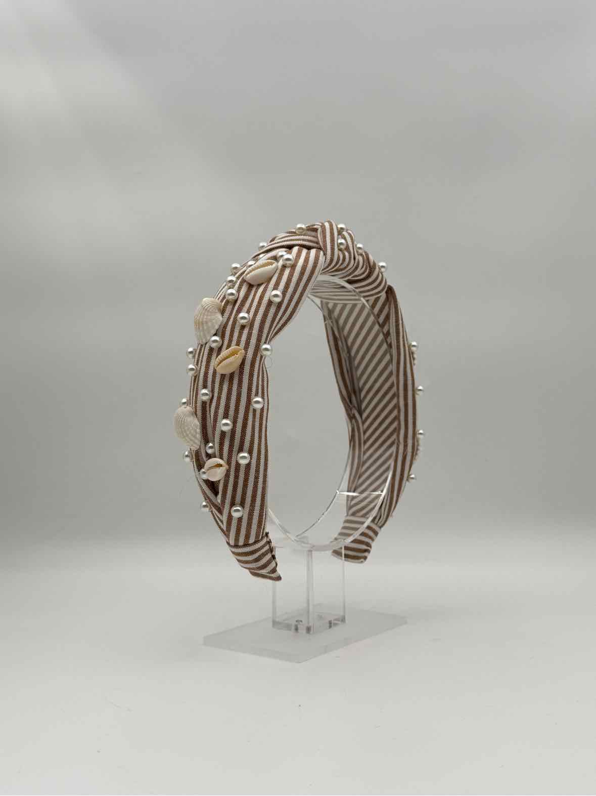 Brown Shell & Pearl Knotted Headband – Striped Embellished Hair Accessory