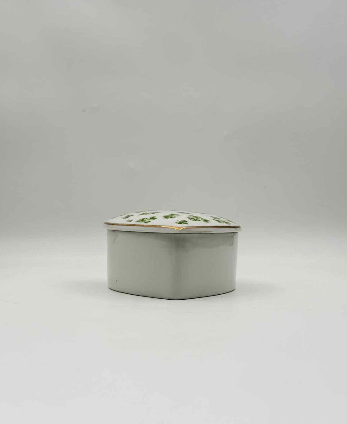Vintage Shamrock Heart Shaped Porcelain Trinket Box Lucky Clover Decor