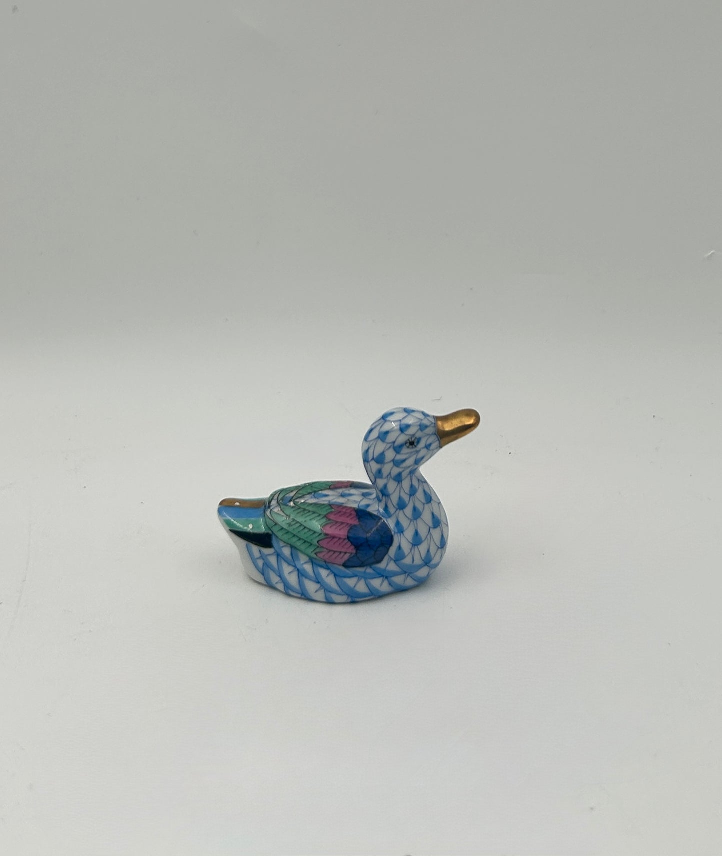 Herend Hungary Porcelain Mini Duck Figurine – Blue Fishnet Pattern with Multicolor Wings and Gold Accents