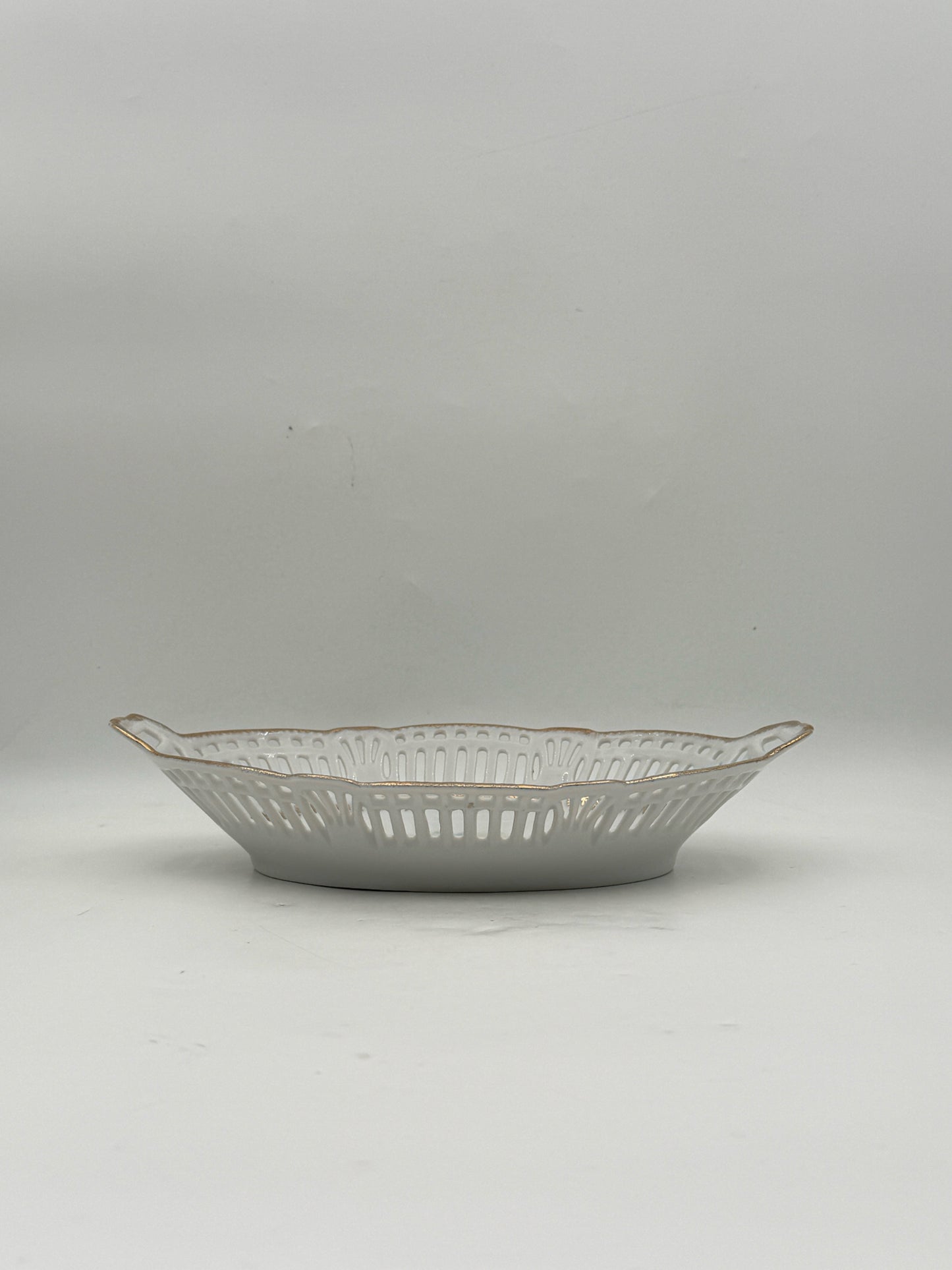 Vintage German Pierced Bowl With Painted Farmers And Gold Detailing