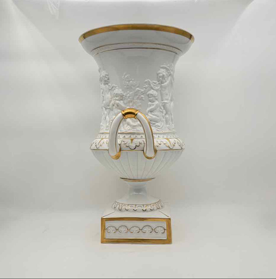 1950s Schierholz Porcelain Cupid Angel Urns White Gold Pair Figurines