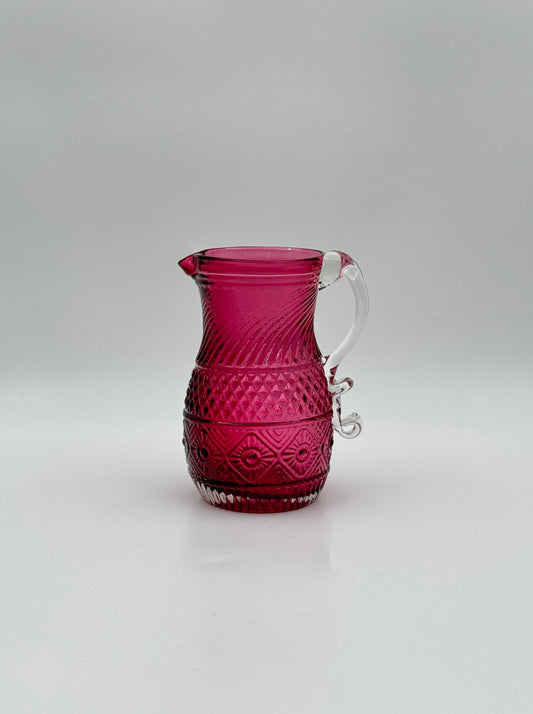 Burgundy Pressed Glass Cream Pitcher with Clear Scroll Handle