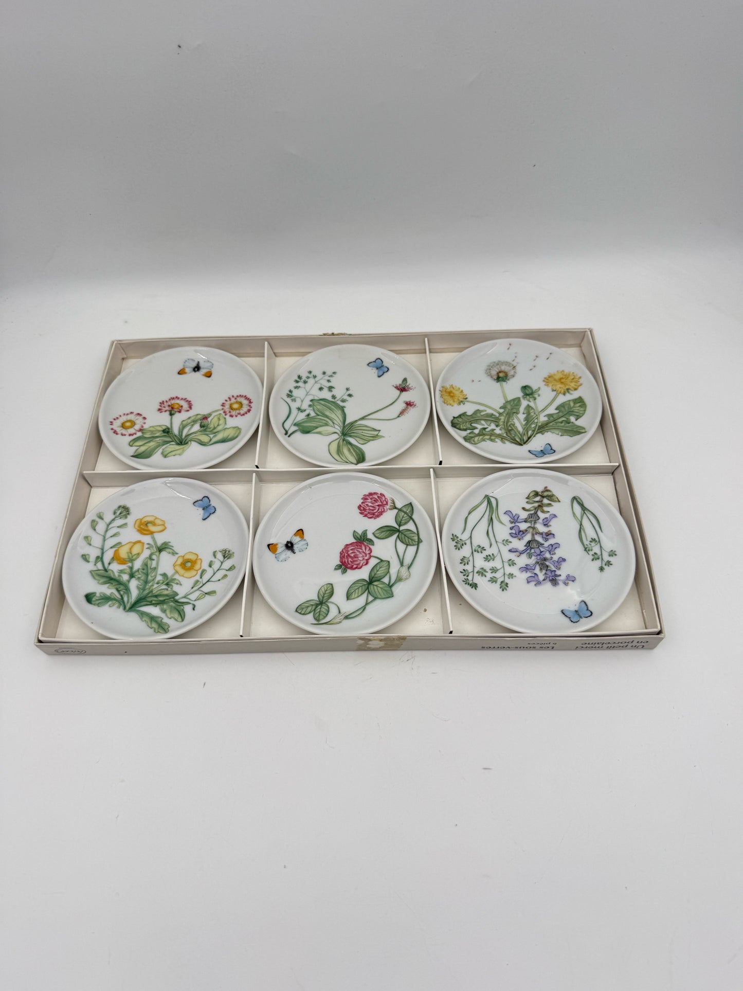 German Porcelain Flowers And Butterflies Coasters- Set Of Six