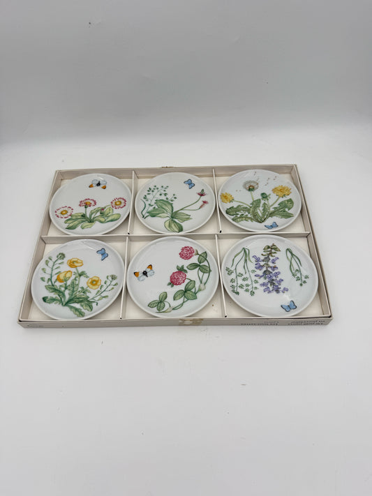 German Porcelain Flowers And Butterflies Coasters- Set Of Six