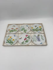German Porcelain Flowers And Butterflies Coasters- Set Of Six