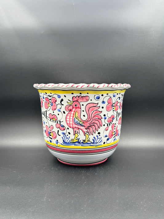 Italian Hand-Painted Rooster & Floral Ceramic Planter