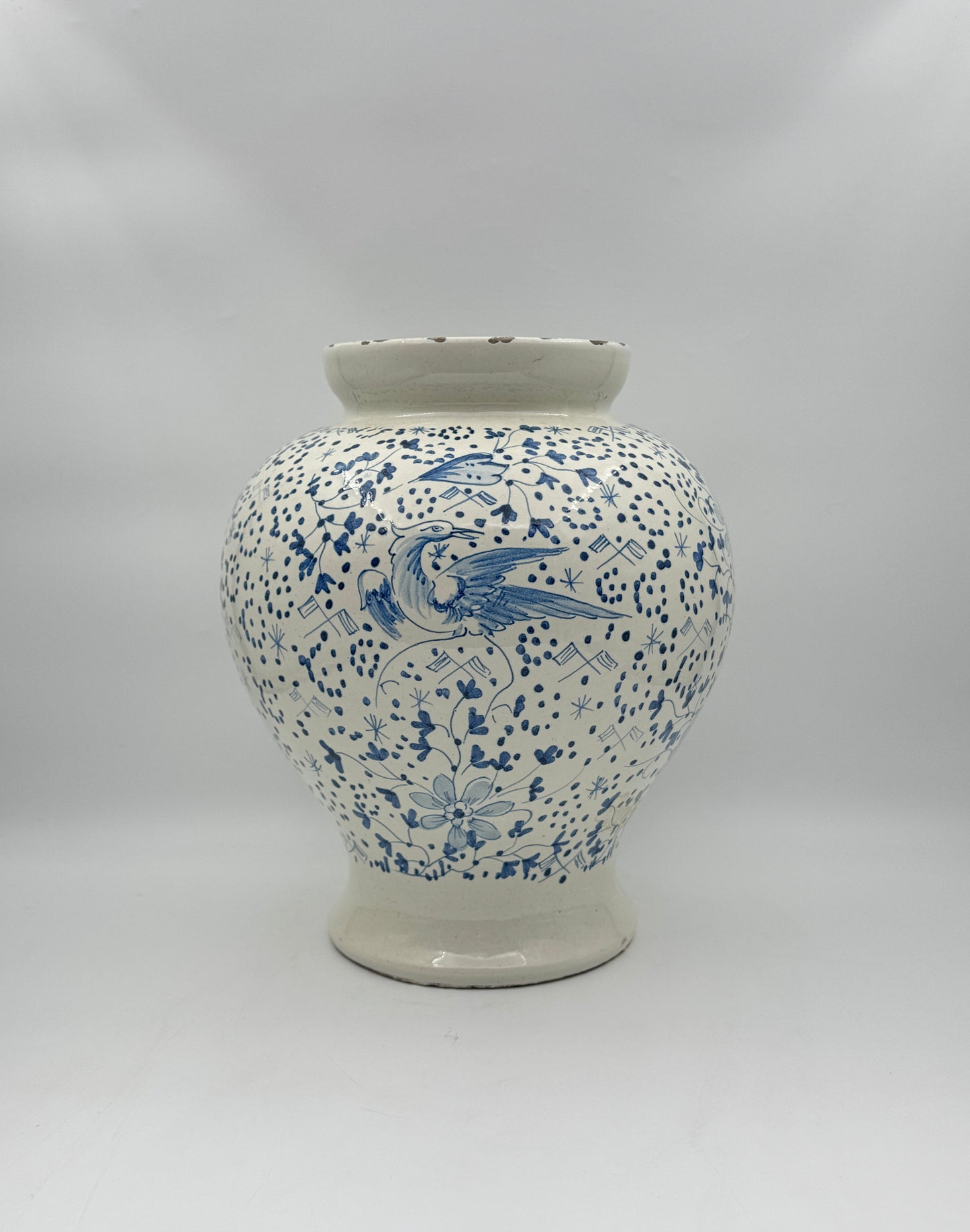 Blue & White Vase with Bird and Floral Motif