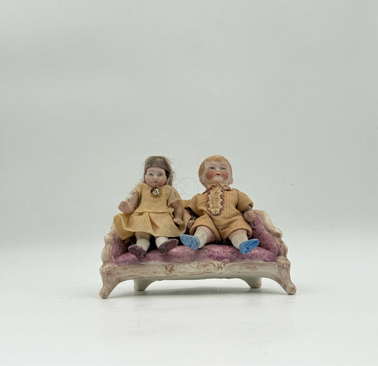 Antique 1910's German All Bisque Dollhouse Dolls And Settee