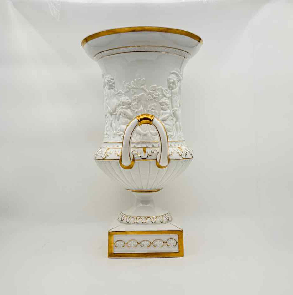 1950s Schierholz Porcelain Cupid Angel Urns White Gold Pair Figurines