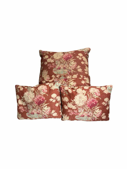 Antique French Decorative Red Floral Pillows Set Of 3