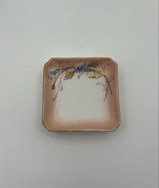 Vintage Hand-Painted Butter Pat – Floral & Gilt Square Porcelain