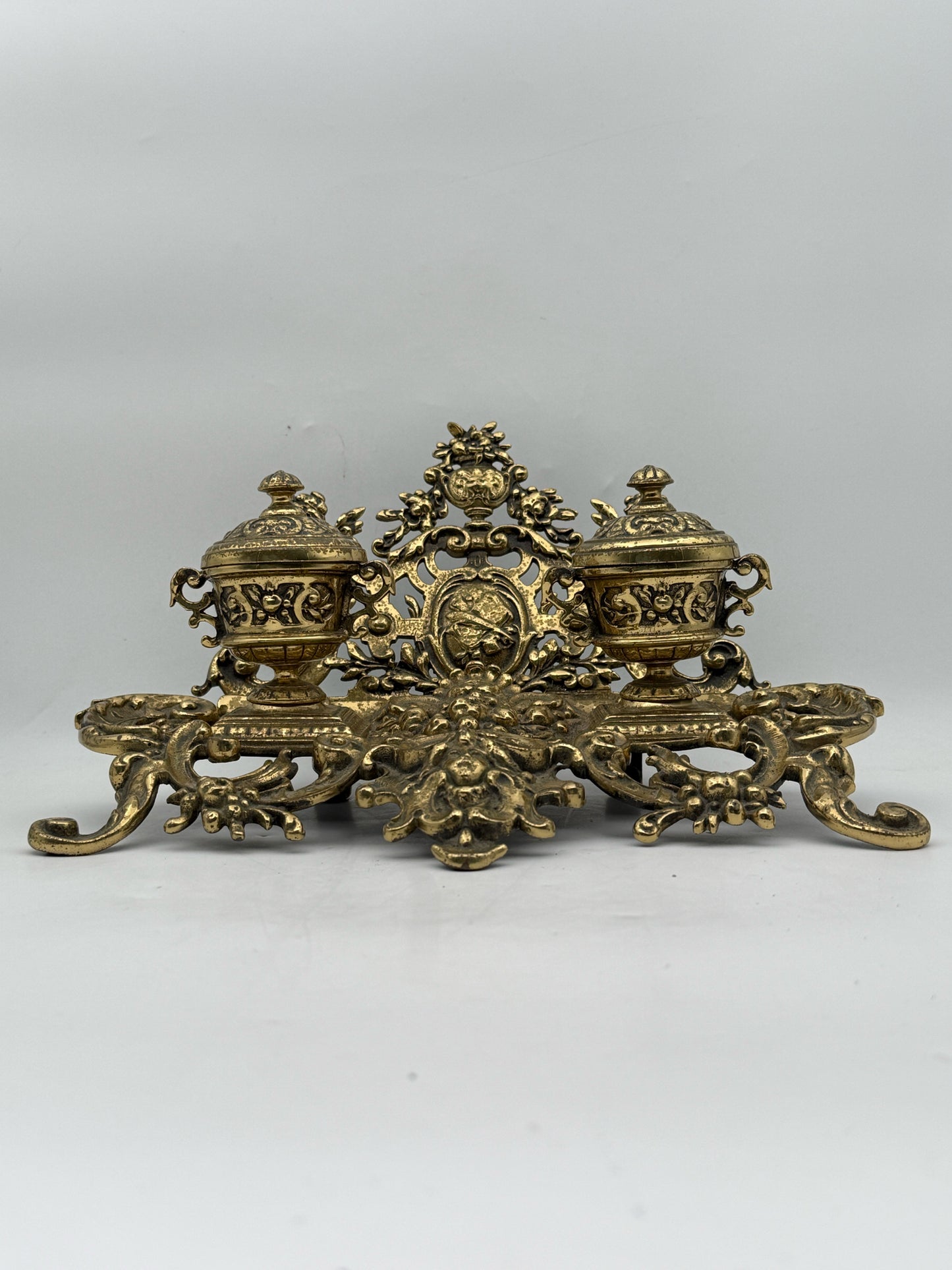 Late Victorian Double Cast Brass Inkwell