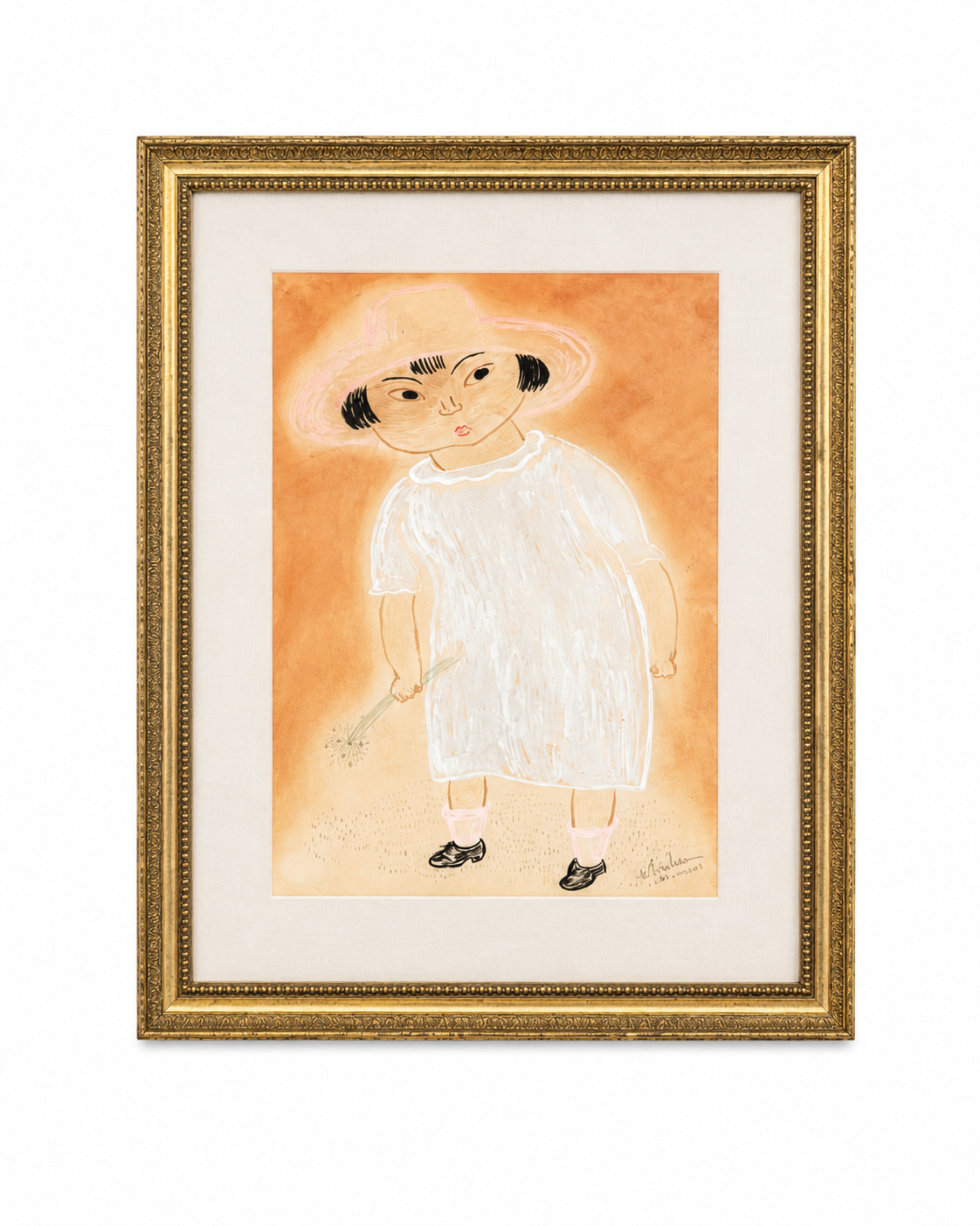 Mid Century Framed Watercolor Of A Girl With A Flower By Los Angeled Artist