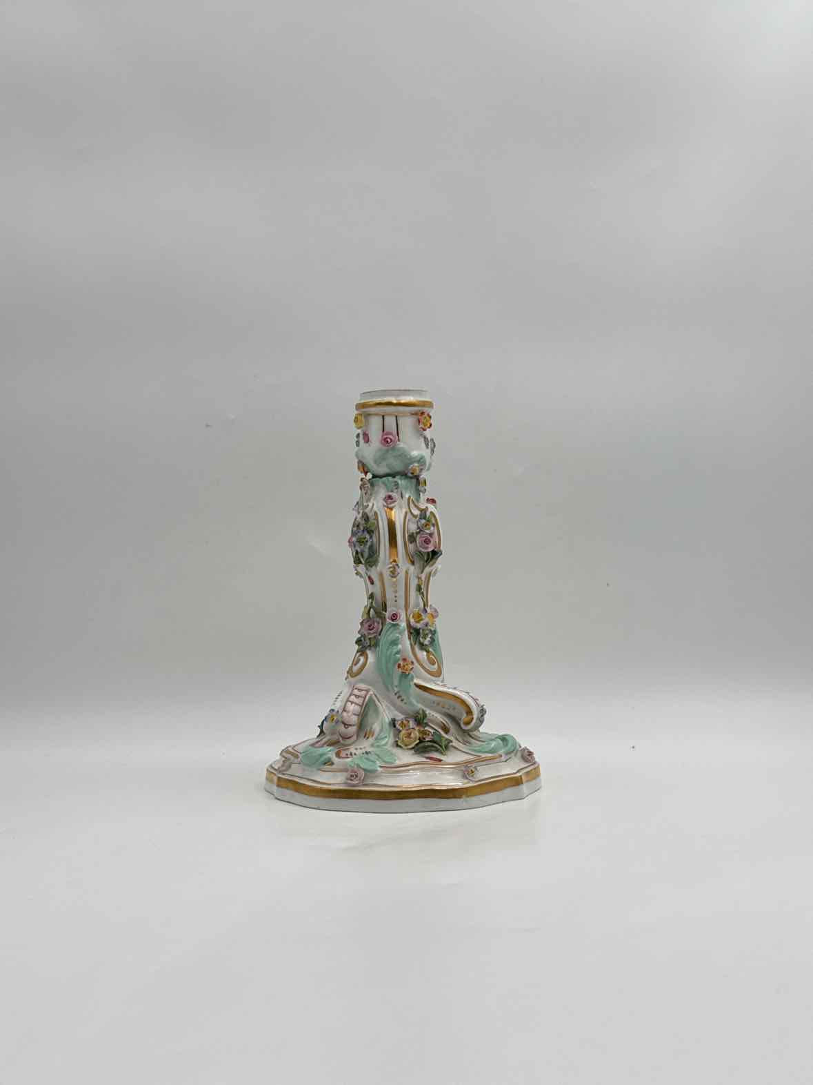 Meissen Porcelain Single Candleholder with Flowers & Rococo Scrollwork