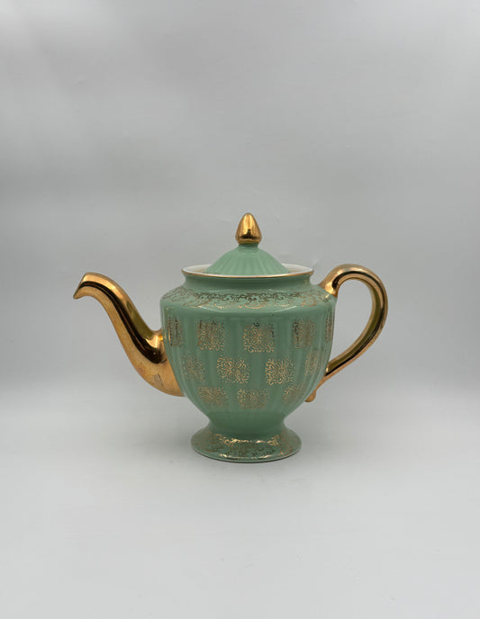 Hall Teapot – Turquoise & Gold – Footed with Gilded Accentss