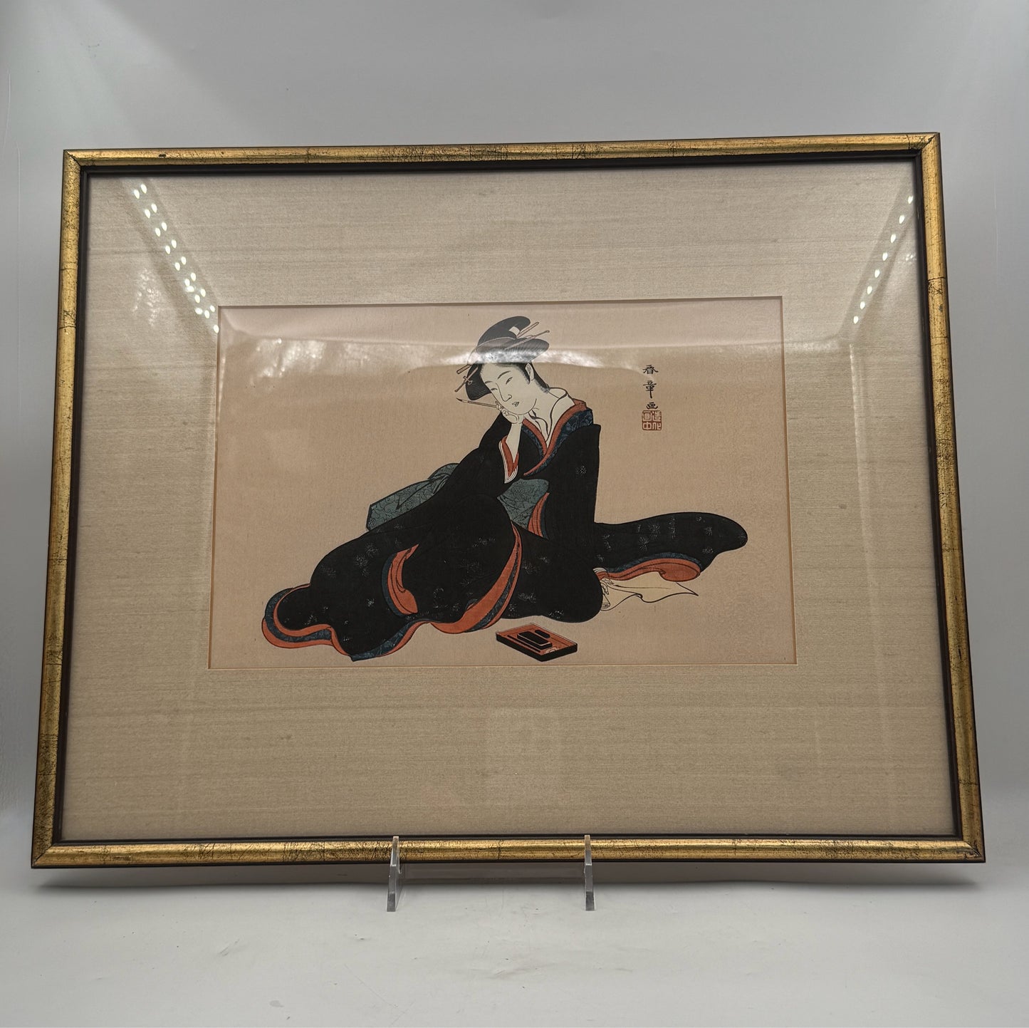 "A Beauty" Framed Japanese Woodblock By Shunsho Katsukawa