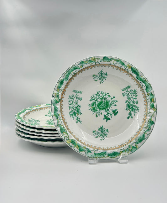 Set of 6 Chinese Porcelain Bowls – Green Floral with Gold Accents