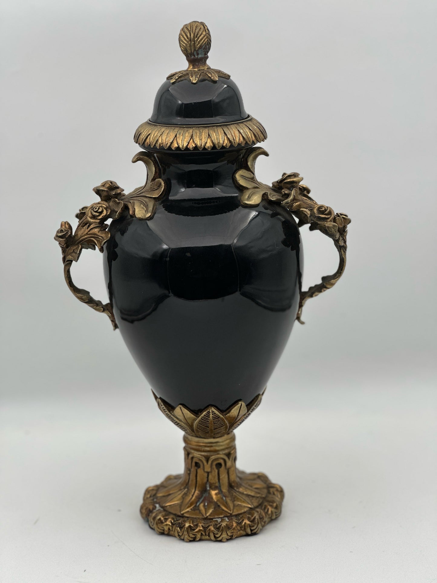 Neoclassical Black Ceramic Urn with Gilded Ormolu Style Handles and Pedestal Bas