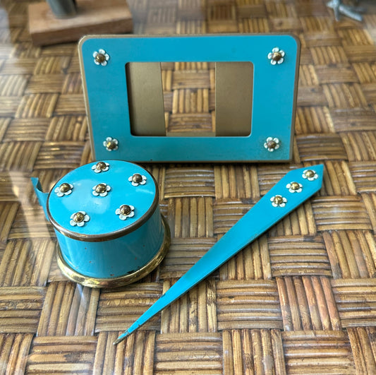 Vintage 1950's Desk Set- Frame, Stamp Holder, And Letter Opener