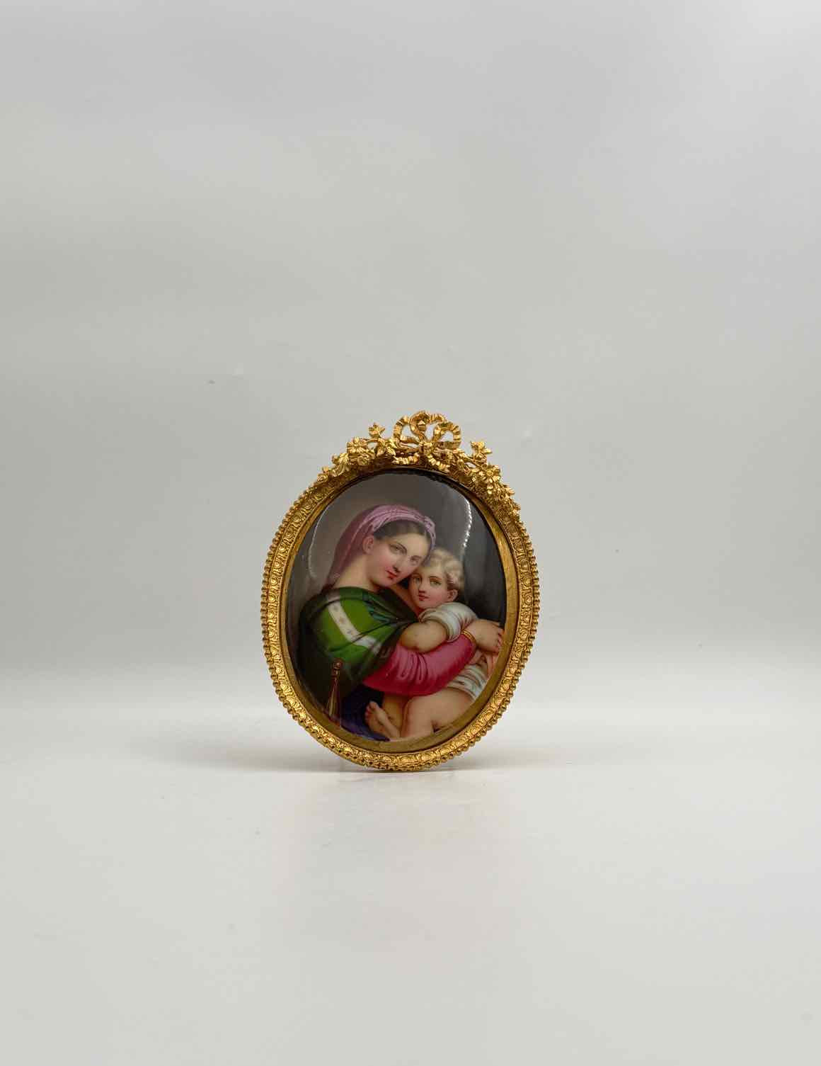 Antique Madonna Child Handpainted Porcelain Miniature Bronze Frame