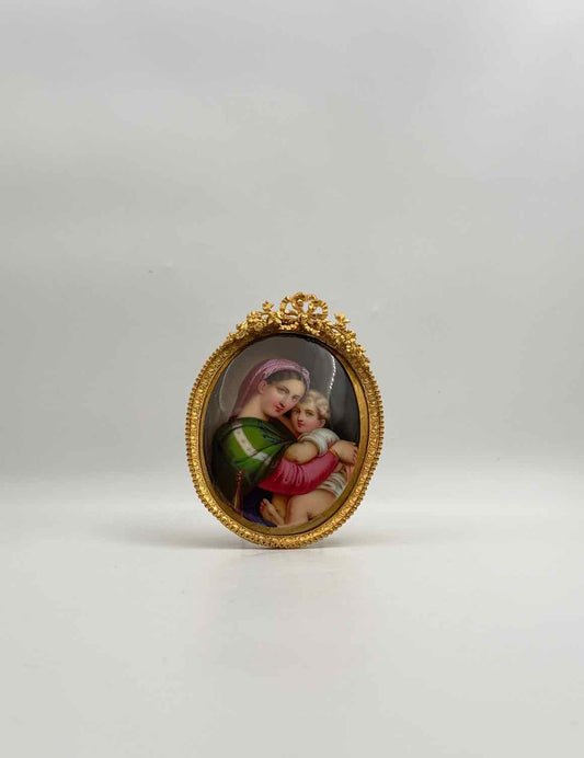 Antique Madonna Child Handpainted Porcelain Miniature Bronze Frame
