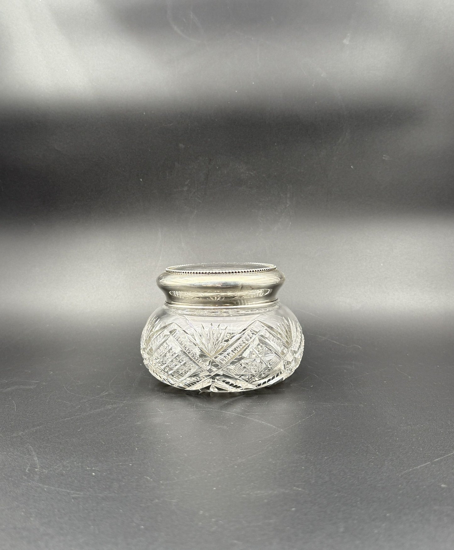 Cut Glass Vanity Jar with Sterling Silver Lid – Beaded Trim & Monogram