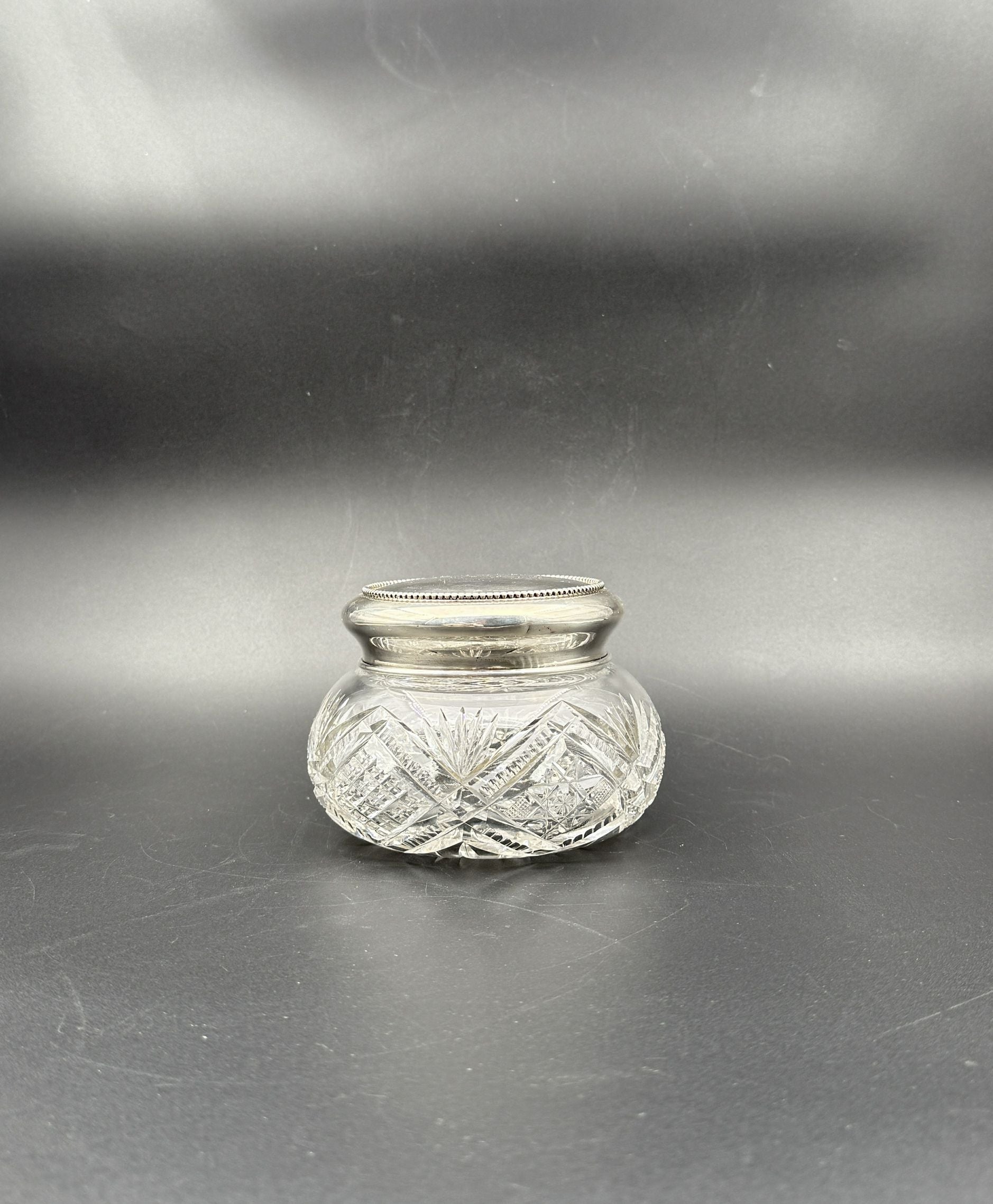 Cut Glass Vanity Jar with Sterling Silver Lid – Beaded Trim & Monogram