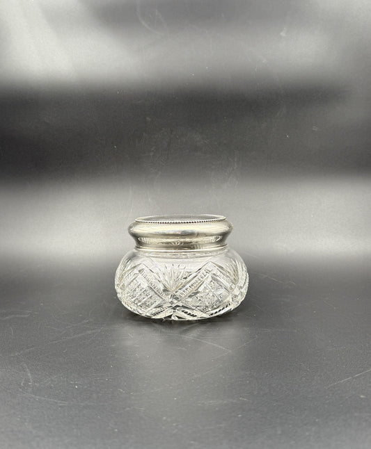 Cut Glass Vanity Jar with Sterling Silver Lid – Beaded Trim & Monogram