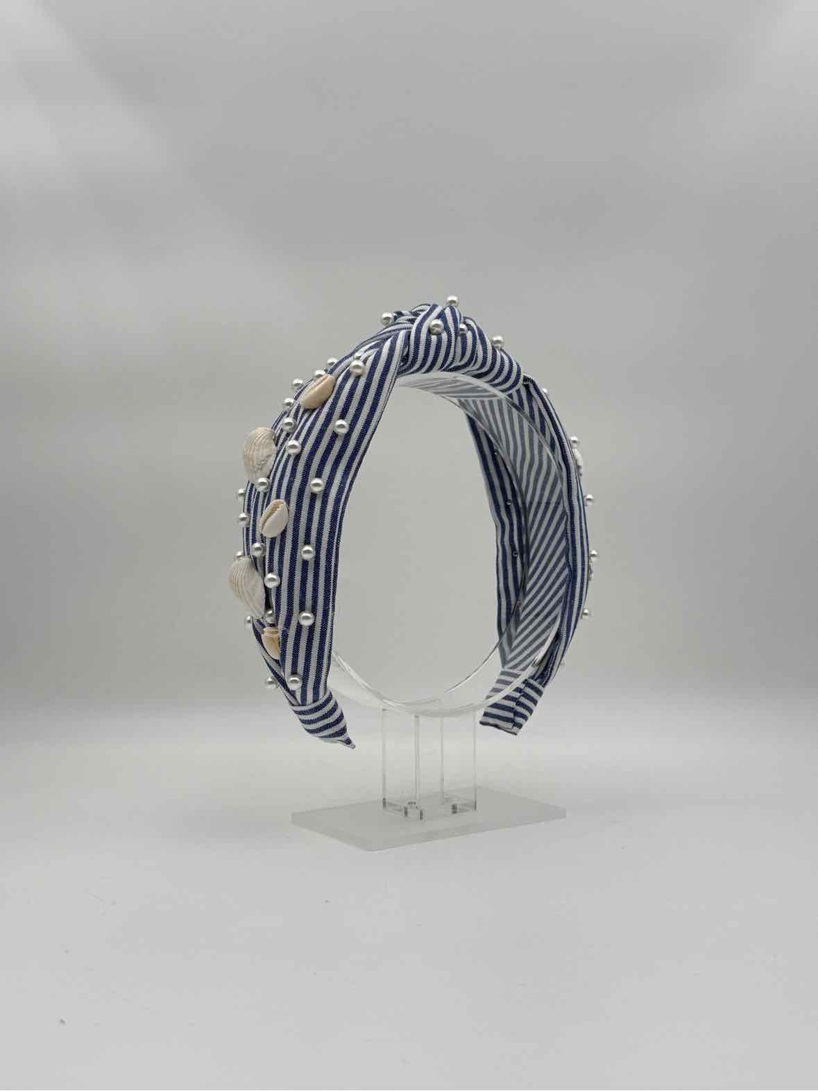 Blue Stripe Knotted Headband with Shell & Pearl Accents – Coastal Style Hair Accessory