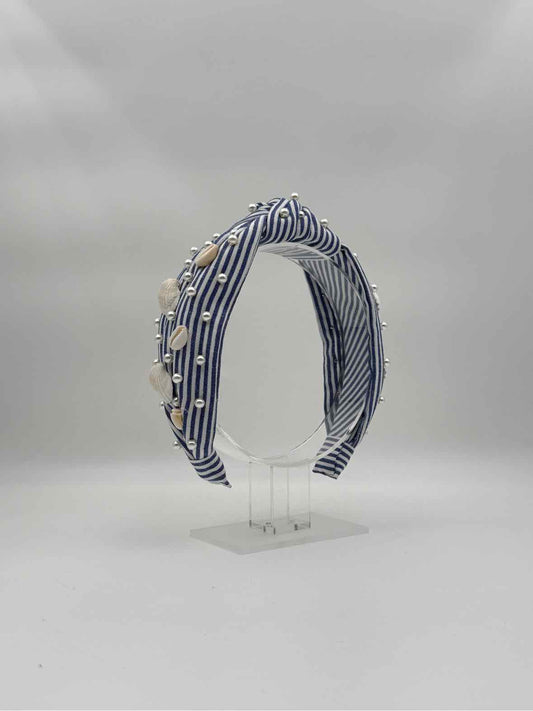 Blue Stripe Knotted Headband with Shell & Pearl Accents – Coastal Style Hair Accessory